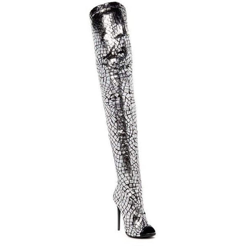 Bebe Silver Brinley Thigh-high Open Toe High Heel Black Size 8.5